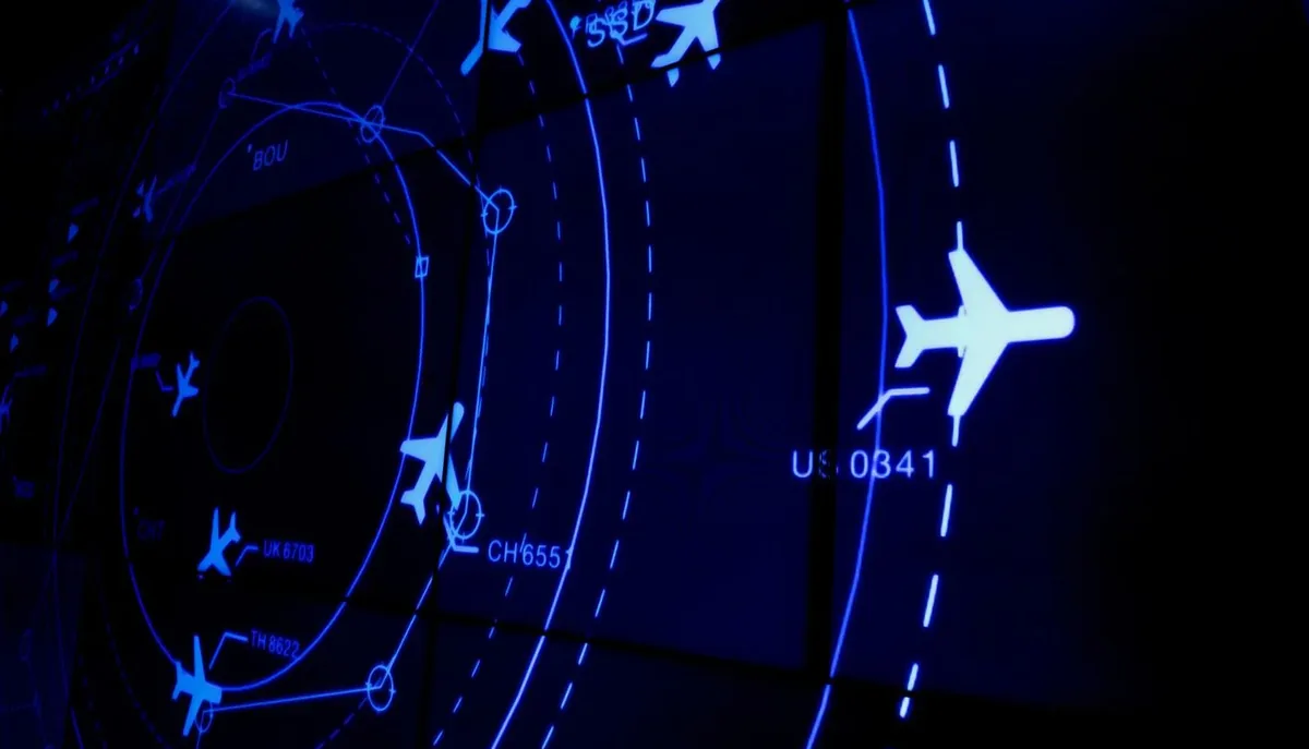 Air traffic management radar display showing aircraft tracks.
