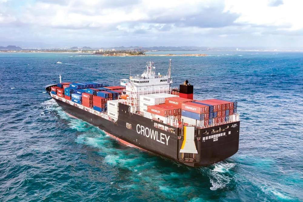 Container ship at sea near the coast