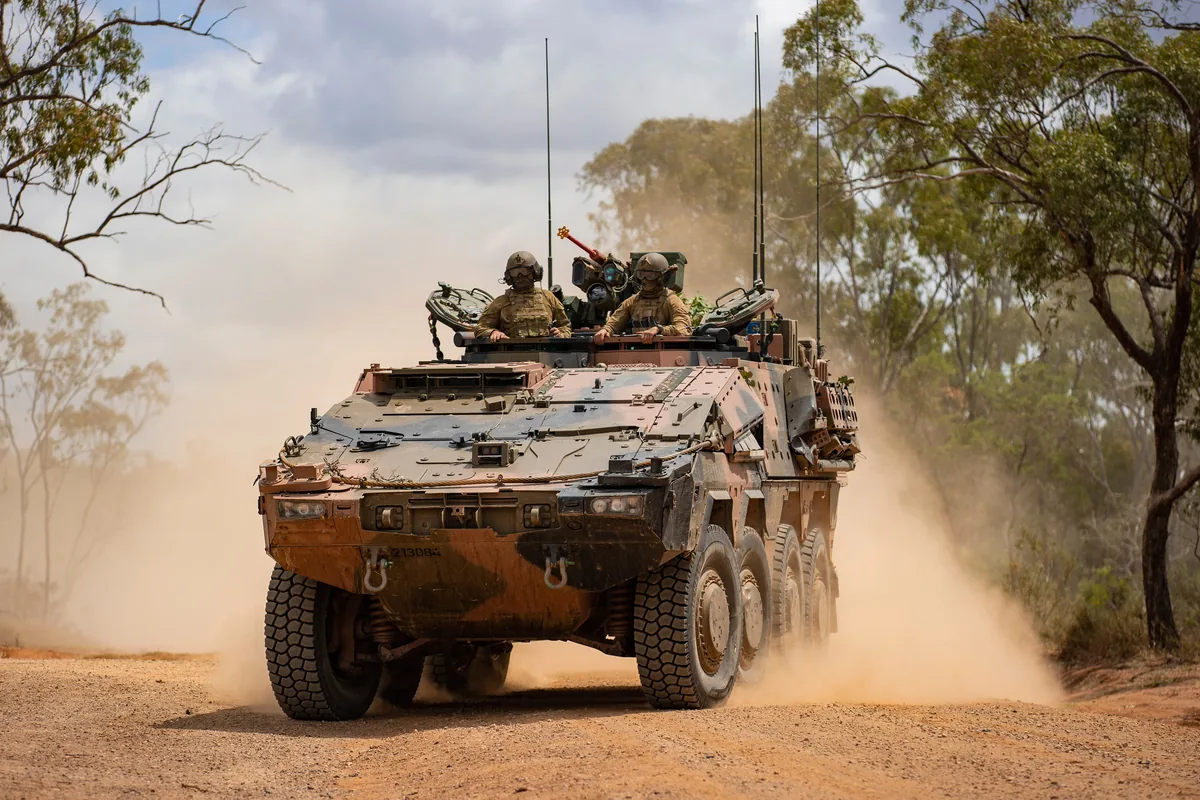 Protected military vehicle on a training range