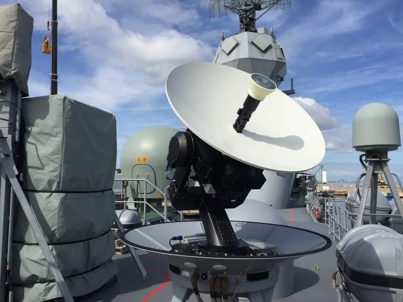 Satellite communications antenna on a warship