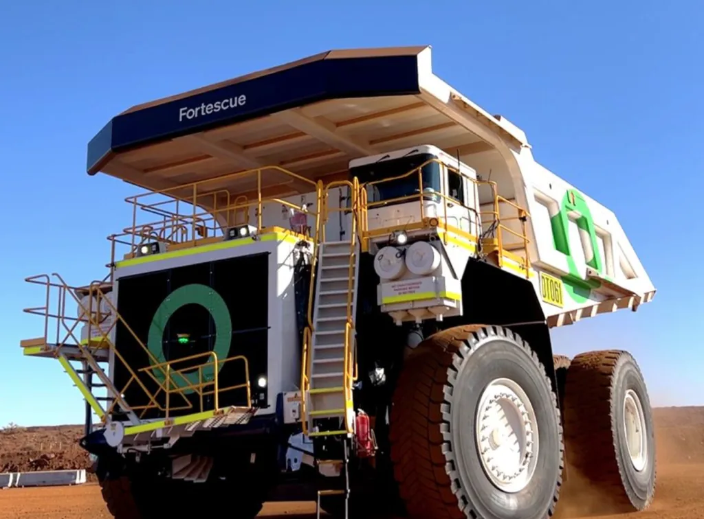 Fortescue battery-electric haul truck operating at a mine site.